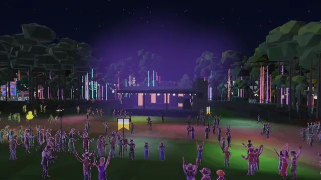 Dancers in front of a small stage in a forest of uplit trees at night